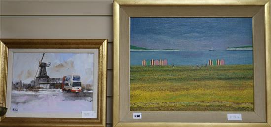 Fran Slade, oil on canvas board, beach scene, signed and an oil of Blatchington Mill by Ruffell 34 x 44cm and 22 x 30cm